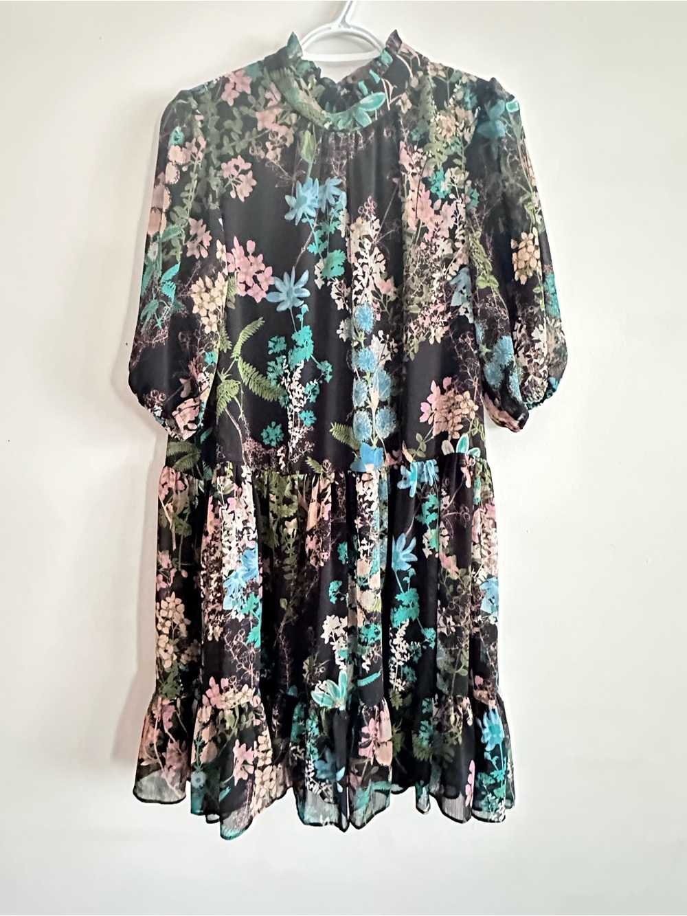 Gabby Skye Black Floral Dress with Mint and Peach Accents